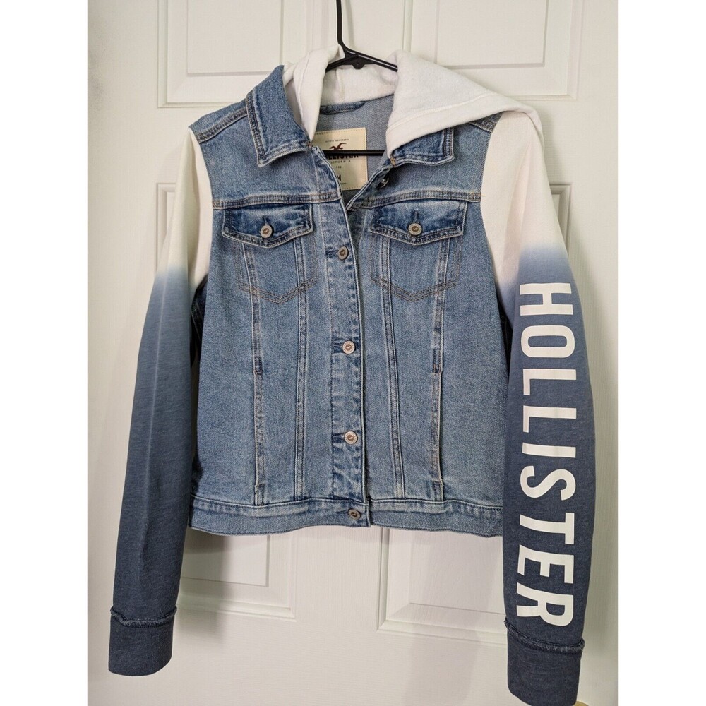 HOLLISTER Hoodie Jean Jacket Blue White L/S Youth Medium Denim Cotton Logo